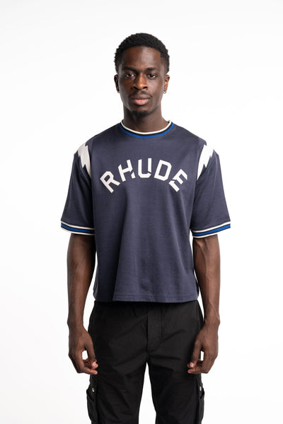 RHUDE MEN’S LOGO LIGHTNING RINGER TEE NAVY/WHITE