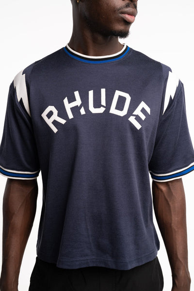 RHUDE MEN’S LOGO LIGHTNING RINGER TEE NAVY/WHITE