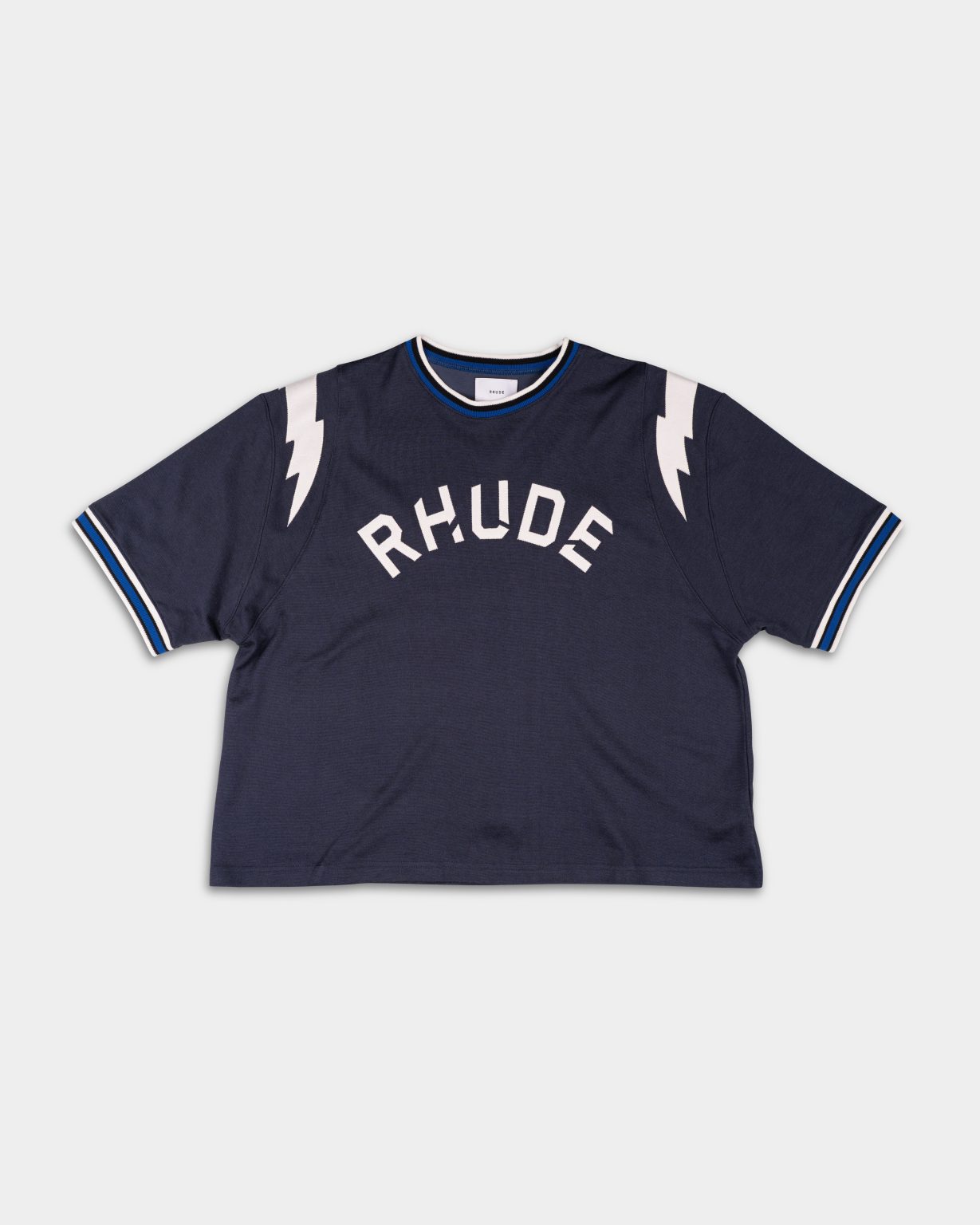 RHUDE MEN’S LOGO LIGHTNING RINGER TEE NAVY/WHITE