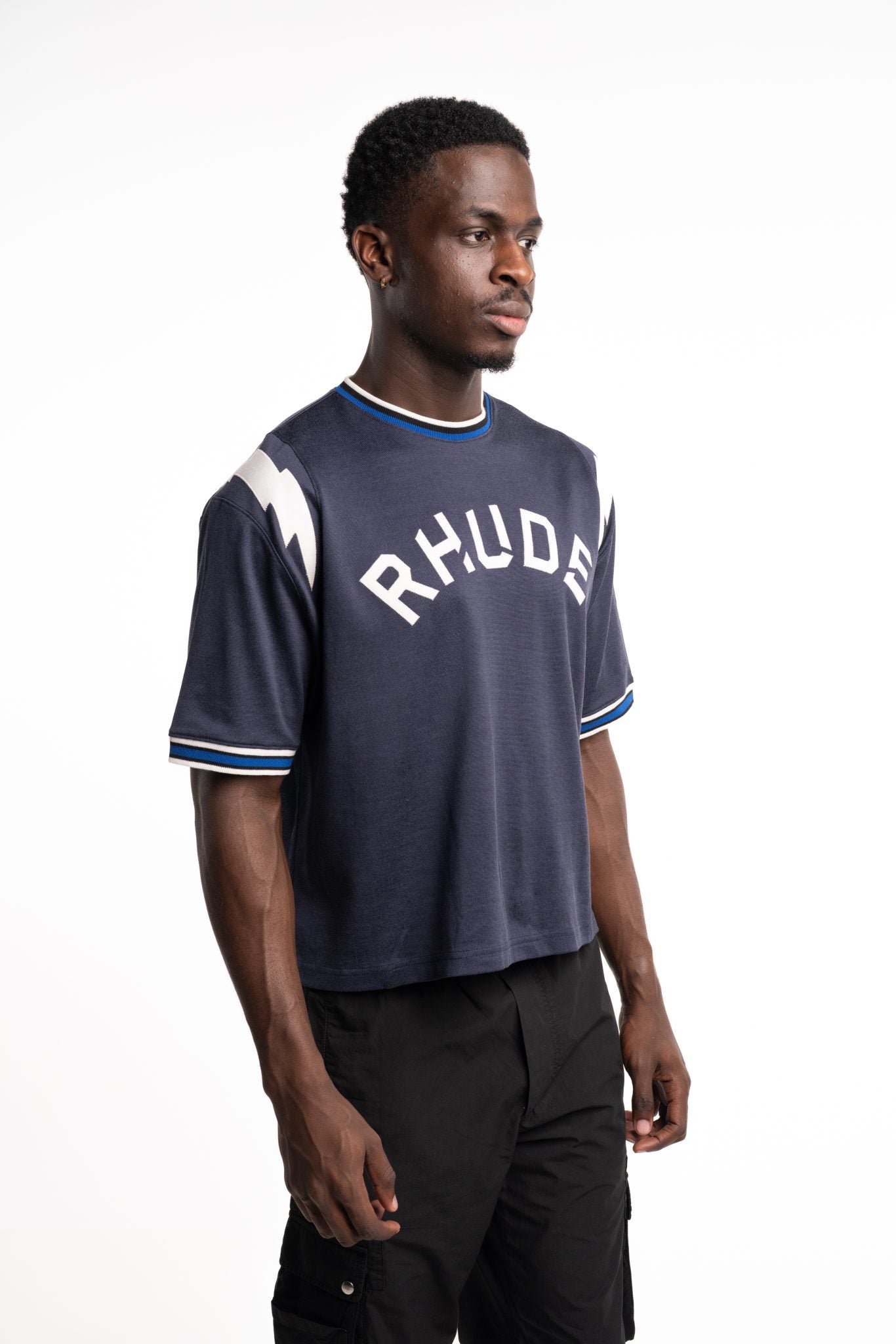 RHUDE MEN’S LOGO LIGHTNING RINGER TEE NAVY/WHITE