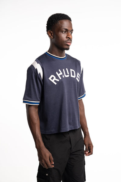 RHUDE MEN’S LOGO LIGHTNING RINGER TEE NAVY/WHITE