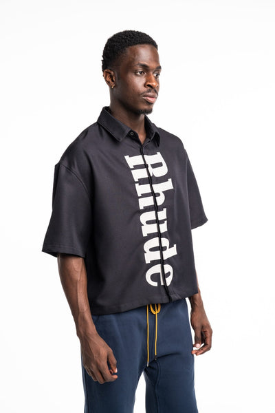 RHUDE MEN’S CENTER LOGO BUTTON UP SHIRT BLACK/WHITE