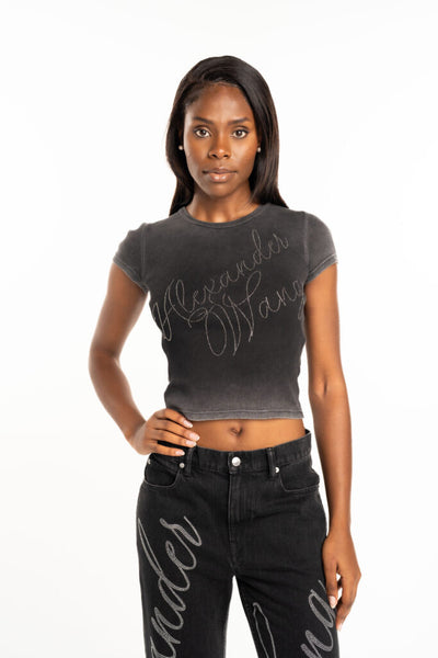 Alexander Wang Fitted Tee w/ Hotfix Cursive Logo Washed 1CC3241920 022